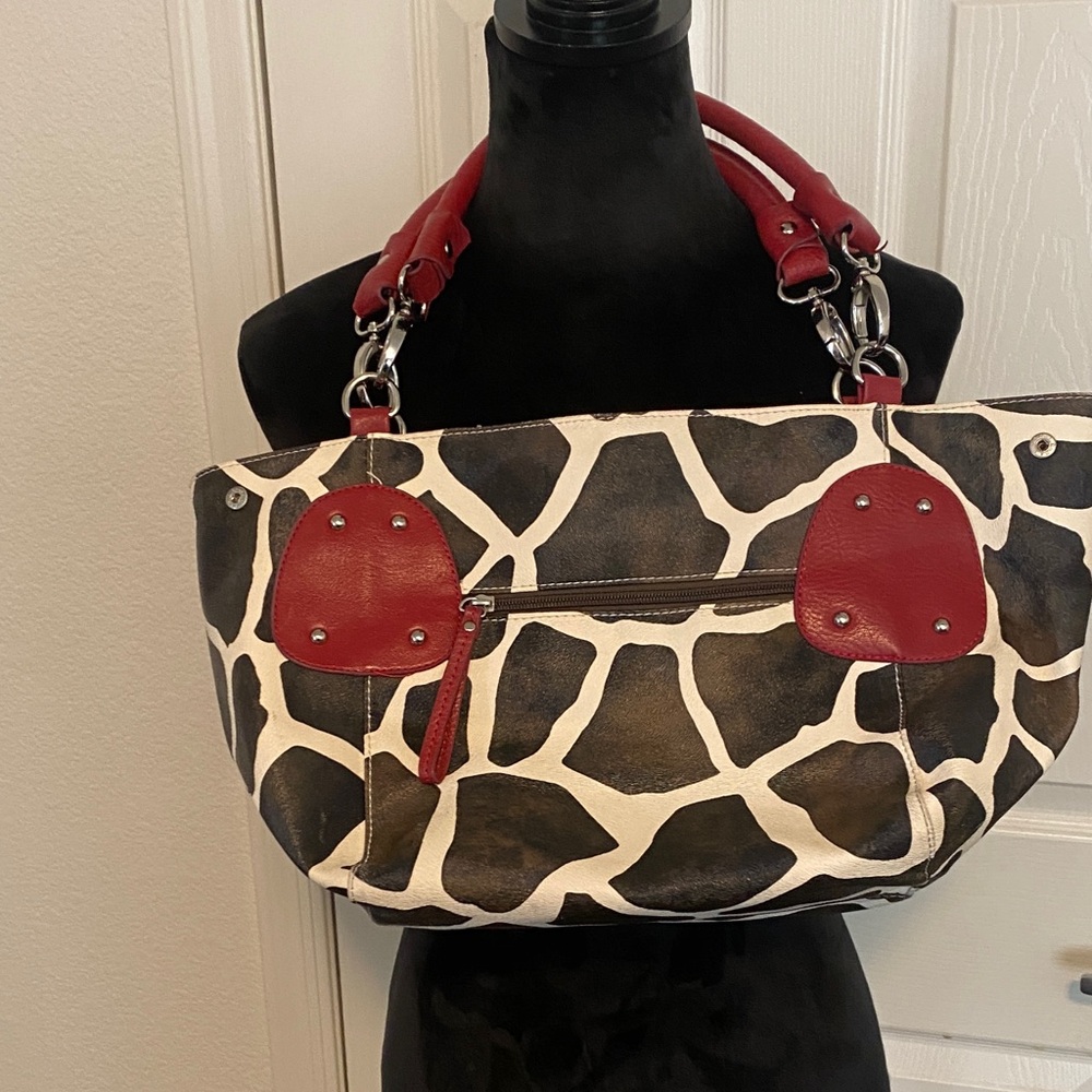 Dooney & Bourke Red and Brown Giraffe Print Shoulder Bag - Picture 2 of 8